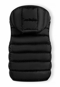 Black padded stroller footmuff with a soft texture, rounded top, structured head section, and horizontal quilting detail.
