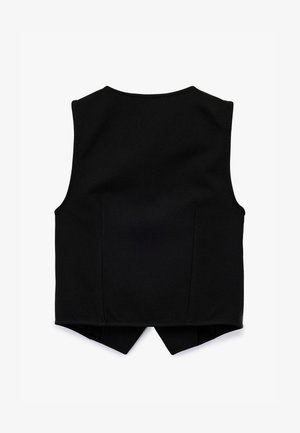 Schwarze ärmellose Weste mit strukturiertem Design, featuring einen runden Halsausschnitt, konturierten Nähten und einem dreieckigen Saumschnitt auf der Rückseite.