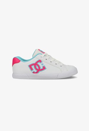 White sneakers with pink and turquoise accents, smooth synthetic material, round toe, flat rubber sole, and DC logo on the side.