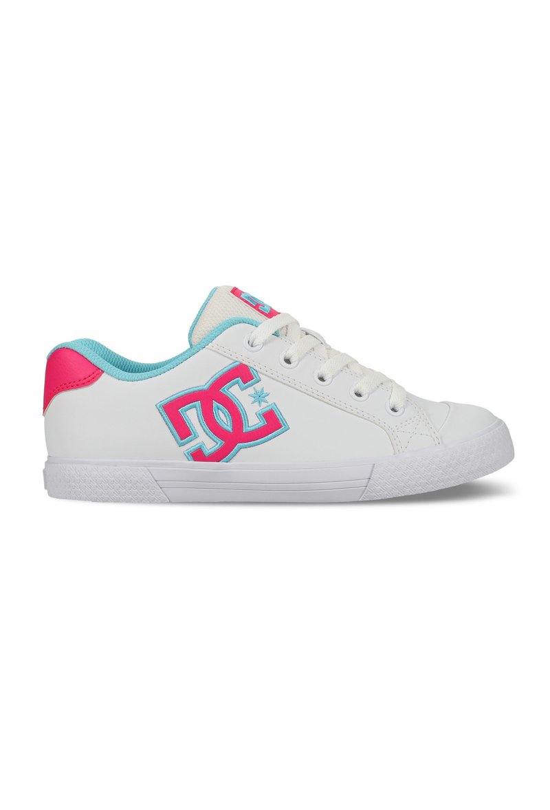 White sneakers with pink and turquoise accents, smooth synthetic material, round toe, flat rubber sole, and DC logo on the side.
