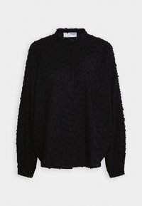 Svart knäppskjorta med långa ärmar, textil med struktur som har ett subtilt mönster och hög krage. Inkluderar knäppning i mitten.