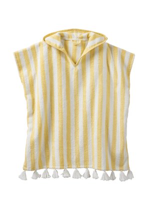 Gelb-weiß gestreiftes Kapuzenhandtuch-Poncho mit kurzen Ärmeln und weißen Fransen entlang des unteren Randes.