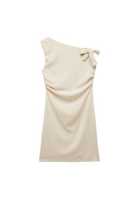 Beige, enaxlad klänning med en rosett detalj på axeln. Har en samlad textur som skapar en draperad effekt. Slät tygfinish.