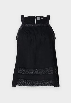 Black sleeveless top with sheer lace trim, pleated bodice, and a keyhole back. Soft fabric with a loose, flowing shape.