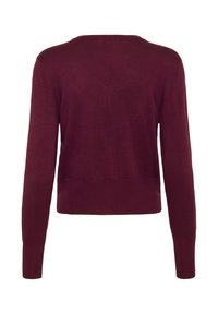 Burgundi värvi kootud sviiter, pikad varrukad, ümar kaelus, taljesse istuv, sile tekstuur, minimaalne kaunistus, lihtne ilma ornamentideta.