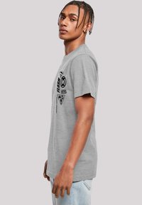 Grå bomullströja med svart grafiskt tryck på bröstet och ärmarna. Rund hals och korta ärmar, med normal passform.