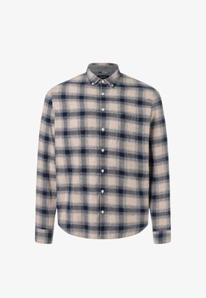 Langärmliges Hemd mit Knopfleiste, kariert in Beige, Marineblau und Grau, mit geknöpftem Kragen, auf weißem Hintergrund flach ausgelegt.