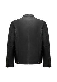 Black leather jacket with a stand-up collar, long sleeves, side zipper pockets, and smooth texture. Features seam detailing on the back.