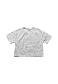 Lichtgrijze cropped top met korte mouwen en een ronde halslijn, plat weergegeven van de achterkant op een witte achtergrond.