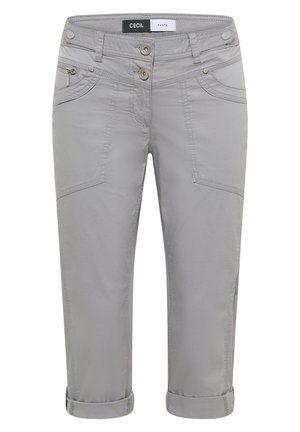 Pantalon gris clair raccourci avec double bouton et fermeture éclair, poche zippée à l'avant, et ourlets retroussés, étiqueté "Cecil".