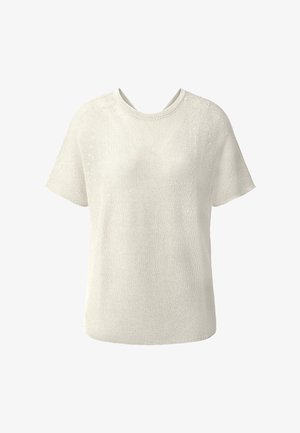 Pull en tricot gris clair à manches courtes avec un col rond, un tissu texturé et une coupe décontractée. Présente des détails côtelés subtils sur les bords.