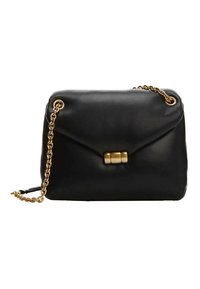 Black leather handbag with a gold chain strap, flap closure, and a decorative clasp. Smooth texture with a structured shape and rounded edges.