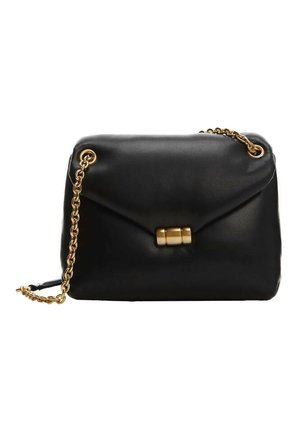 Black leather handbag with a gold chain strap, flap closure, and a decorative clasp. Smooth texture with a structured shape and rounded edges.