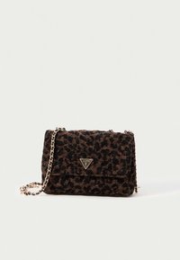 Brown leopard print handbag with a chain strap, rectangular shape, soft texture, and a triangular logo on the front.