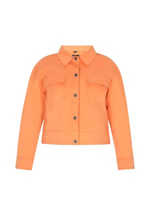 Korte oranje jas met lange mouwen, knopen aan de voorkant, twee borstklepzakken en een puntige kraag.