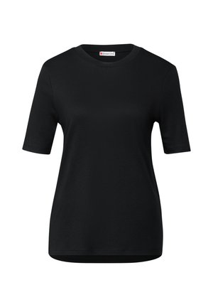 Svart kortärmad t-shirt i mjukt tyg med rund halsringning och avslappnad passform, med en subtil textur och utan mönster.