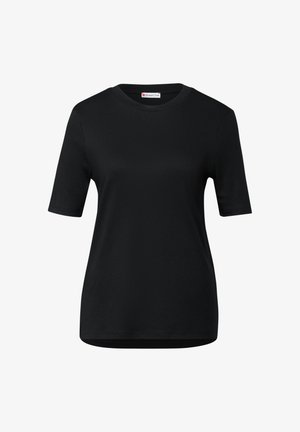 Black short-sleeve t-shirt made from soft fabric with a round neckline and a relaxed fit, featuring a subtle texture and no patterns.