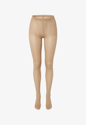 Beige transparante panty getoond op een mannequin van taille tot tenen tegen een witte achtergrond.