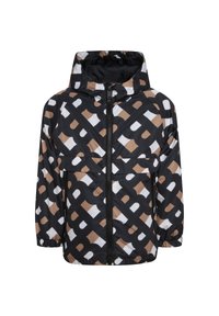Black, brown, and white patterned hooded jacket made from lightweight material; features a front zipper and elastic cuffs.