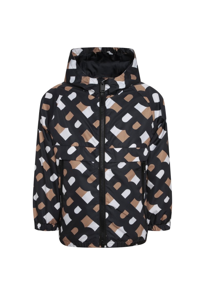 Black, brown, and white patterned hooded jacket made from lightweight material; features a front zipper and elastic cuffs.