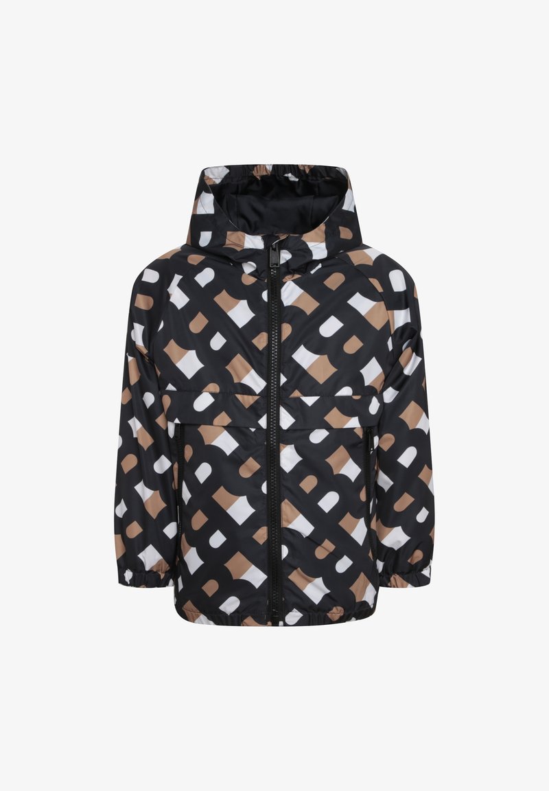 Black, brown, and white patterned hooded jacket made from lightweight material; features a front zipper and elastic cuffs.