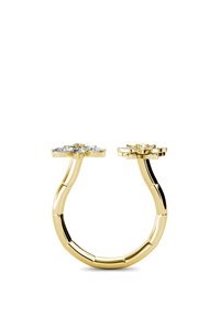 Anello in oro con un design aperto unico, caratterizzato da due motivi floreali abbelliti con pietre trasparenti, finitura liscia e lucida.