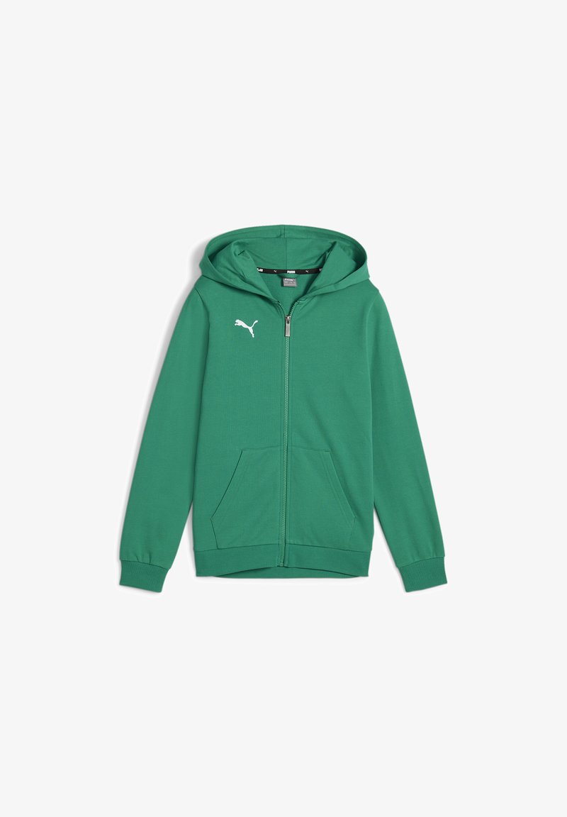 Felpa verde con zip realizzata in misto cotone. Presenta una tasca a marsupio, polsini a costine e un logo bianco sul lato sinistro del petto. Texture liscia.