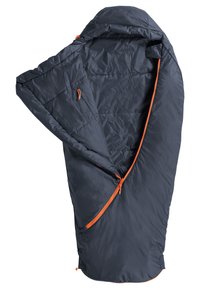 Grau Schlafsack mit einem orangefarbenen Reißverschluss und Akzenten. Zu den Merkmalen gehören eine Kapuze und ein leichtes, gesteppte Design zur Isolation.