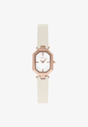 Reloj con caja octagonal en oro rosa y esfera blanca, que presenta marcadores de hora minimalistas y una suave correa de silicona beige.
