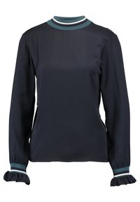 Camicia a maniche lunghe navy in tessuto liscio, con colletto rotondo a coste adornato da strisce teal e bianche, e polsini arricciati con accenti a righe.
