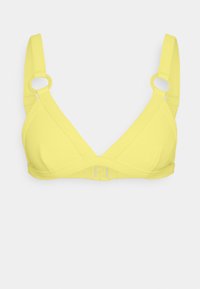 Top de bikini amarelo em forma de triângulo com textura canelada, alças ajustáveis com elementos circulares e fecho de clasp nas costas.