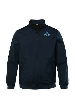 Marineblaue Zip-up-Jacke mit Stehkragen, zwei Vorderaschen und blauem gesticktem Logo mit Text und geometrischem Design. Glatte Stoffstruktur.