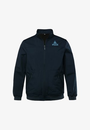 Marineblaue Zip-up-Jacke mit Stehkragen, zwei Vorderaschen und blauem gesticktem Logo mit Text und geometrischem Design. Glatte Stoffstruktur.