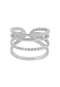 Anello in argento con bande sovrapposte e superfici testurizzate, comprese finiture lisce e a perline, dal design minimalista e moderno.