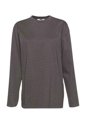 Cămașă cu mânecă lungă din bumbac gri închis, având o textură ribbed, decolteu la baza gâtului și un accent mic cu logo pe pieptul stâng.