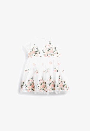 Vestido blanco con bordado floral en rosa y verde. Mangas cortas, material de tul y falda de capas. Cierre trasero con botones.