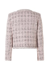 Roze tweed jas met een gestructureerd rasterpatroon, cropped silhoët en lange mouwen. Heeft een klassieke kraag en rafelige zoomdetails.