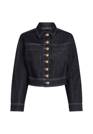Mörk denim kroppsjacka med en strukturerad design, knappstängning framtill med guldfärgade knappar, bröstfickor och kontrasterande vit sömnad.