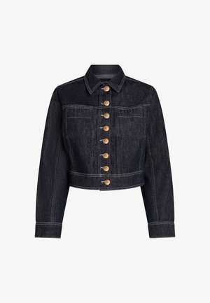 Tamna traper jakna do struka sa strukturiranim dizajnom, prednje zatvaranje na dugmad s zlatnim dugmadi, džepovi na prsima i kontrastni bijeli šavovi.