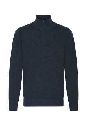 Granatowy sweter z wysokim kołnierzem i ćwierć zamkiem, z fakturowanym wzorem i ściągaczami na mankietach, co nadaje dopasowany wygląd.