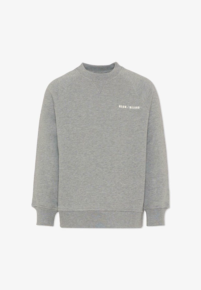 Maglione grigio con collo rotondo e maniche lunghe, bordi a coste sui polsini e sull'orlo, caratterizzato da un logo stampato in bianco sul petto. Materiale morbido in misto cotone.