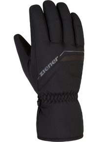 Black insulated gloves with reinforced fingers, elastic wrist, and a textured grip. Features a logo and a streamlined design for warmth.