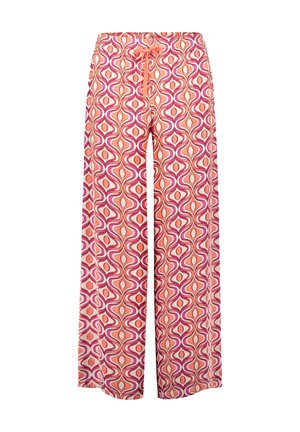 Pantalons larges à motifs avec taille à cordon, présentant des designs ondulés en rose, orange et blanc. Fabriqués en tissu léger.