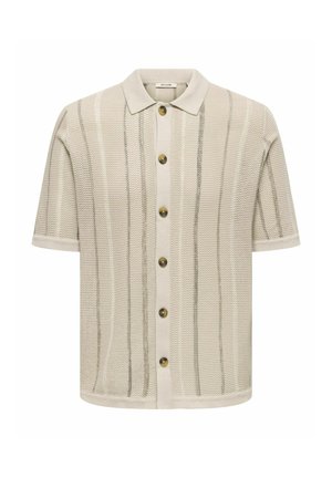 Short-sleeve beige knit polo shirt with vertical textured stripes and six front buttons.
