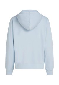 Lichtblauwe hoodie met een zachte textuur, lange mouwen, een buidelzak en een capuchon met trekkoord. Eenvoudig, onopgesmukt ontwerp.