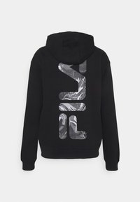 Felpa nera con cappuccio, caratterizzata da un grande design grafico bianco e grigio sul retro con un motivo ondulato. Include cappuccio e polsini a coste.