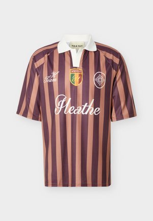 Rugbyshirt mit kurzen Ärmeln, vertikalen braunen und hellbraunen Streifen, weißem Kragen und Logos, darunter "Heathe" und ein mehrfarbiges Wappen auf der Brust.