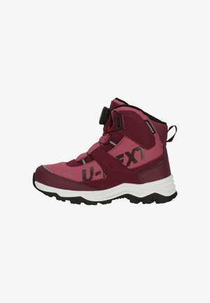 Mid-top hiking boots in dark pink and light pink, featuring a textured finish, rounded toe, adjustable knob closure, and black accents.