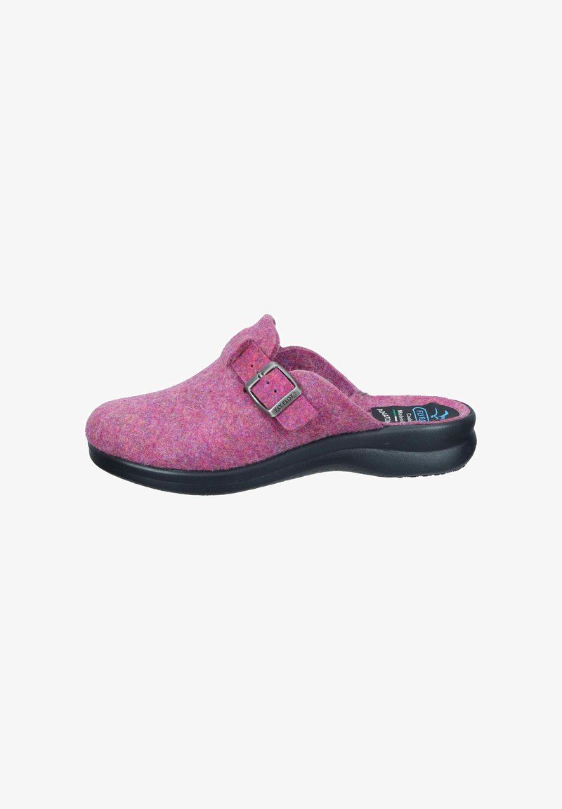 Felt clogs in a bright pink color with a buckled strap and black rubber sole, featuring a rounded toe and textured fabric.
