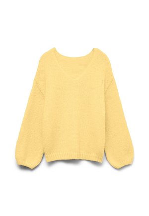 Mehak, pastelno rumen pleteni pulover z V-izrezom, dolgimi rokavi v obliki balona in rebrastimi manšetami ter spodnjim robom.